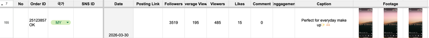 Performance sheet: Order ID, country, date, followers, average views, viewers, likes, comments, engagement, caption and footage