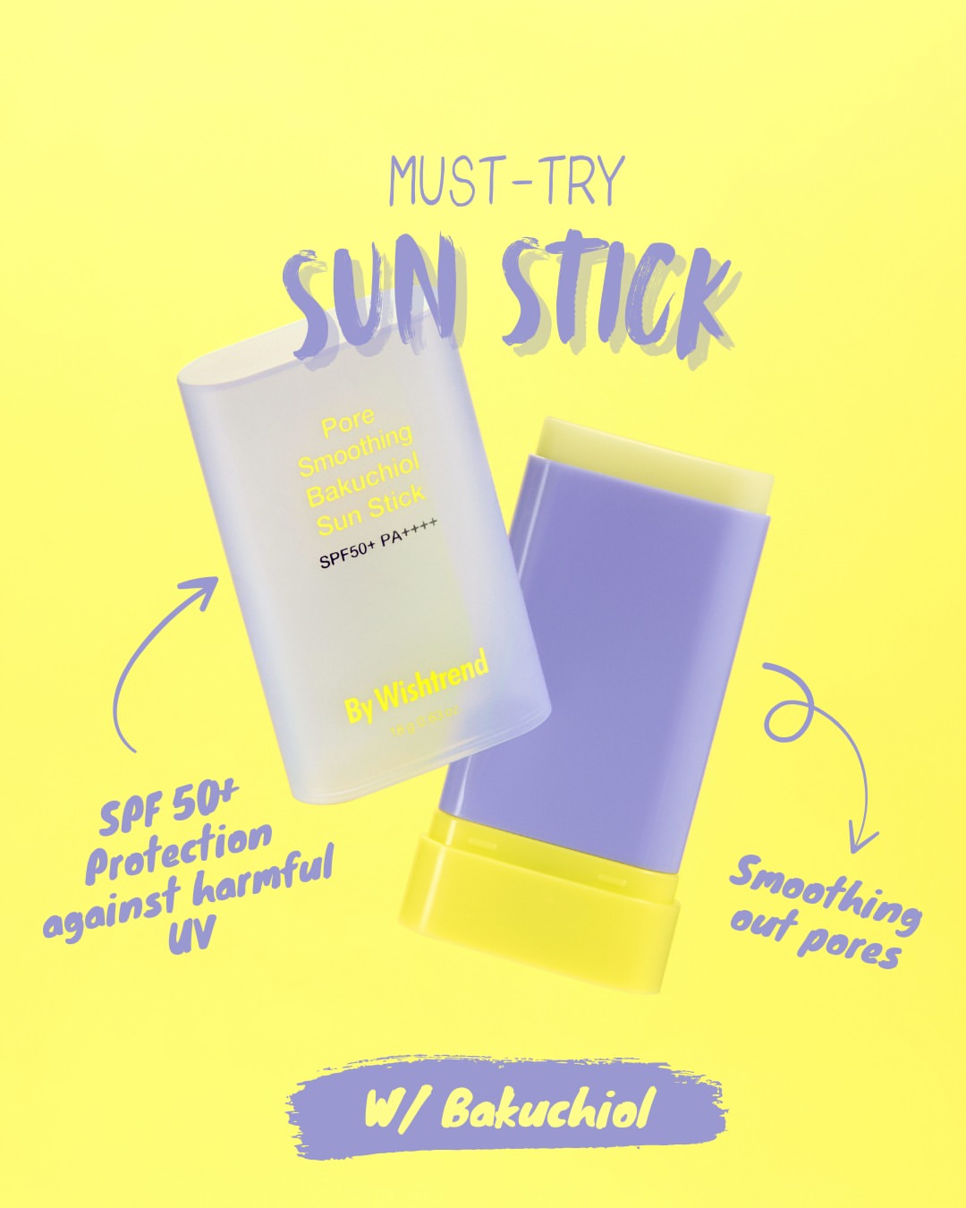 Pore Smoothing Bakuchiol Sun Stick post, purple and yellow tone