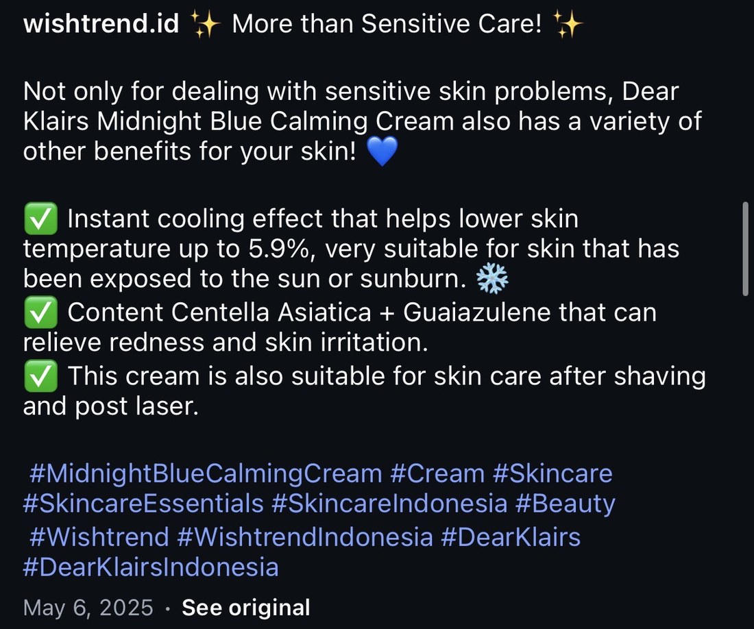 Caption for Midnight Blue Calming Cream listing a 5.9% cooling effect, Centella Asiatica and Guaiazulene, and post-shaving and post-laser use