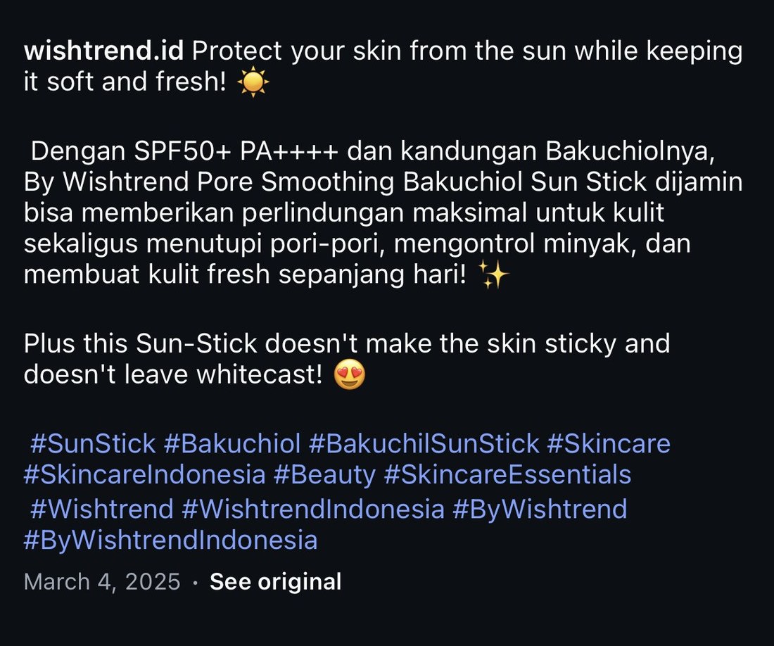 Caption for the Bakuchiol Sun Stick answering the sticky finish and white cast objections