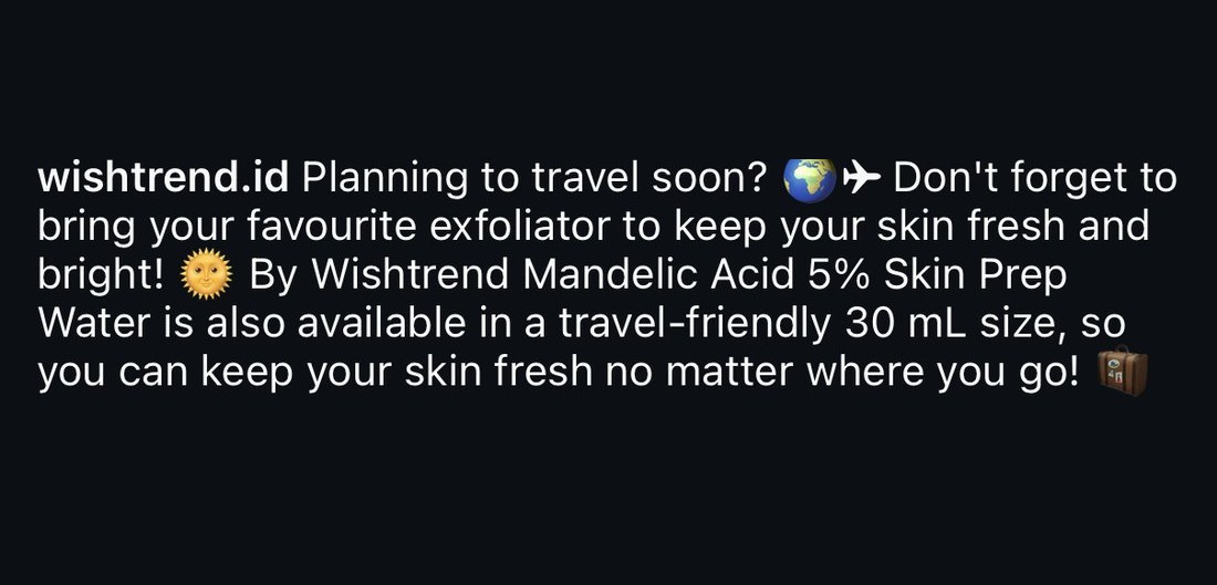 English caption for the Mandelic Acid Skin Prep Water travel size, written around travel season