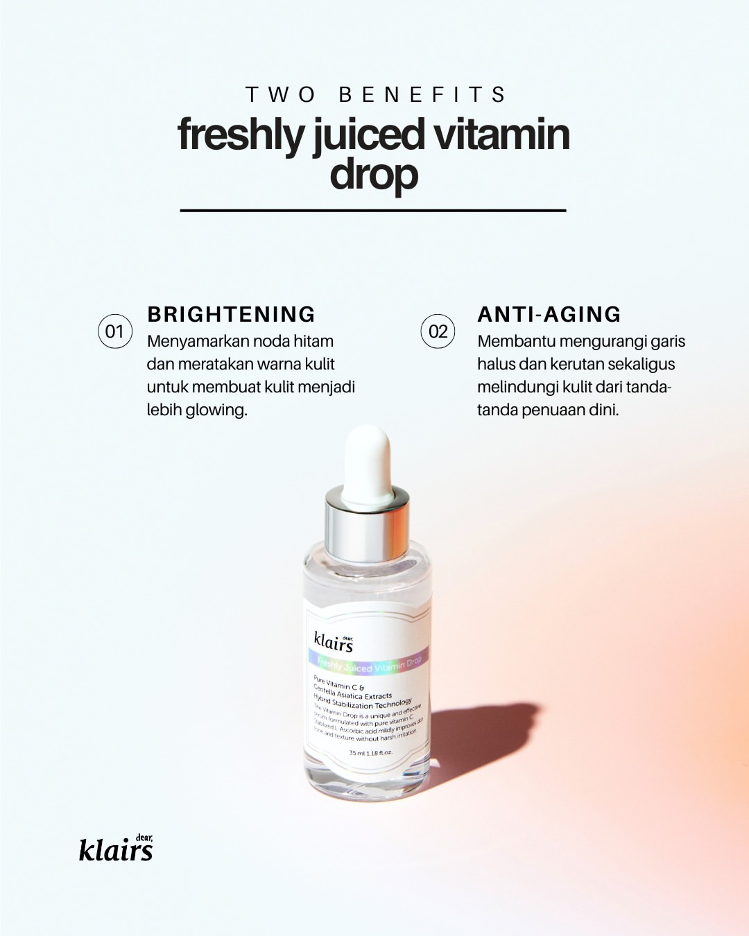 Two-benefits breakdown for Freshly Juiced Vitamin Drop, white tone