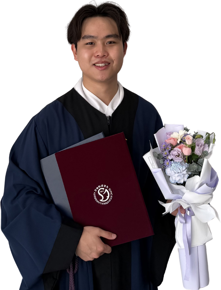 Oswaldo Dylan Hamidy in graduation robes, holding a diploma folder and a bouquet