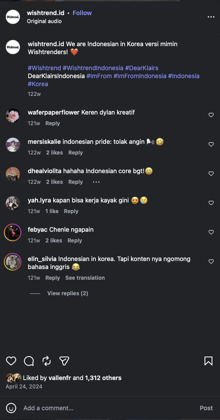 Instagram comments on the reel: caption, hashtag set, and five replies