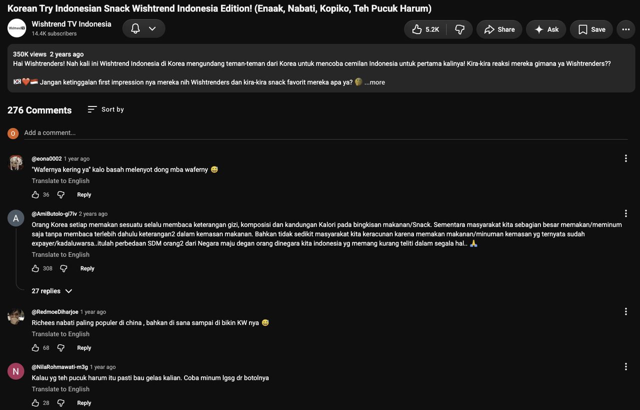 YouTube comment section on the video: 350K views, 276 comments, top comment with 308 likes